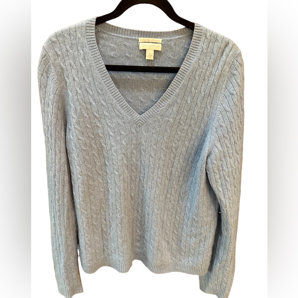 Charter Club Blue 100% 2-Ply Cashmere Kashmir Cable Knit V Neck Size L